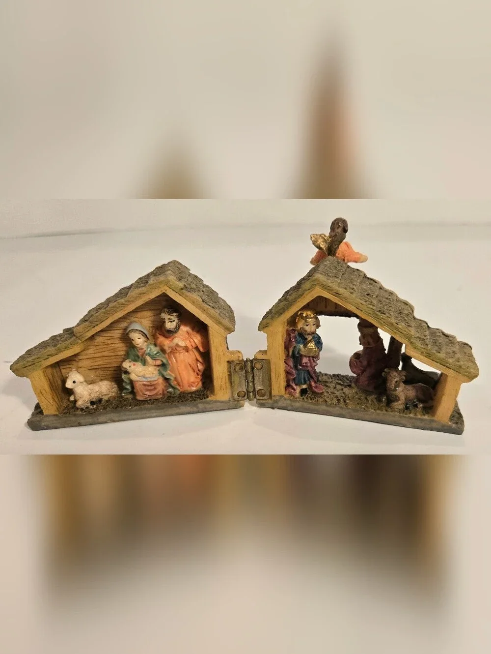 Vintage Resin Christmas Nativity Scene Small Folding Hinged Manger Holy Family